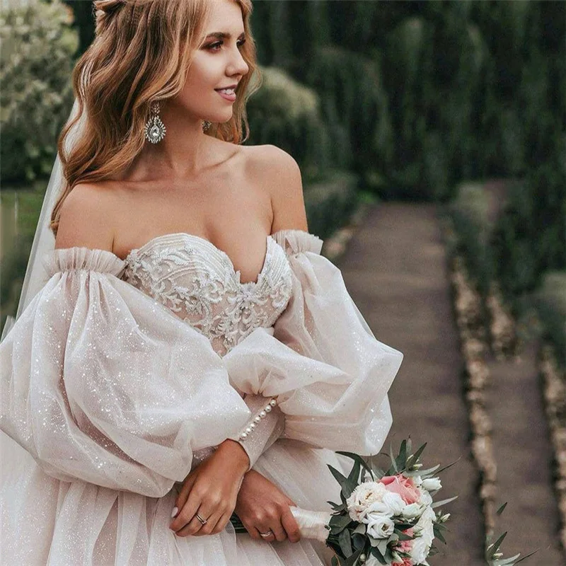 Top Trends: Dirty Pink Boho Wedding Dress 2021 Detachable Puff Sleeve Bridal Dresses Glitter Sparky Lace Wedding Gowns Beach Sweetheart Shoppable Styles