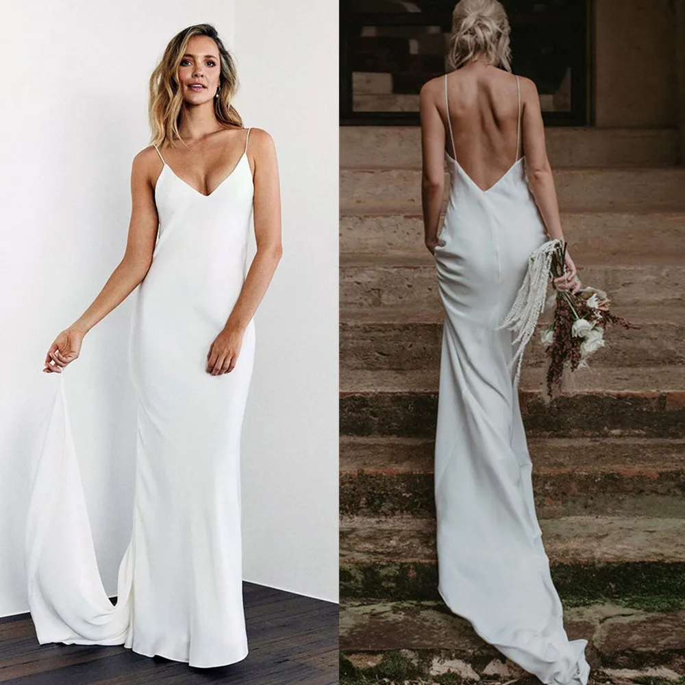 Top Trends: Simple Mermaid Boho Wedding Dresses Sexy Backleess 2024 Spaghetti Strap Satin Chiffon Bridal Gowns V-neck Beach Vestido De Noiva Shoppable Styles