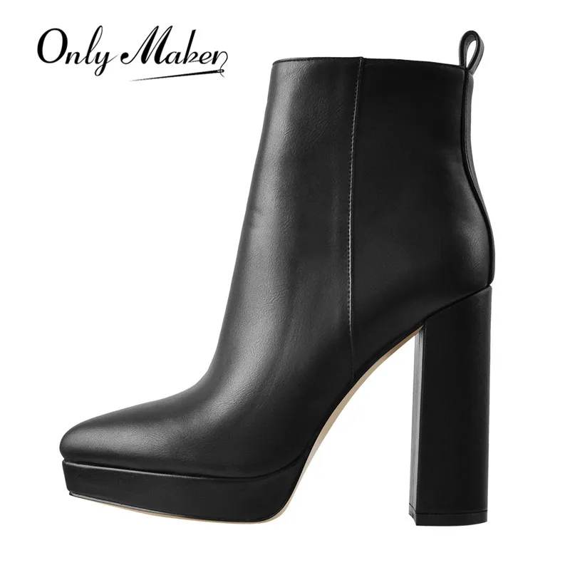 Top Trends: Onlymaker Women Ankle Boots Pointed Toe Black Matte Flock 12CM Chunky Heel Platform Booties Party Shoes Large Size Short Boots Shoppable Styles