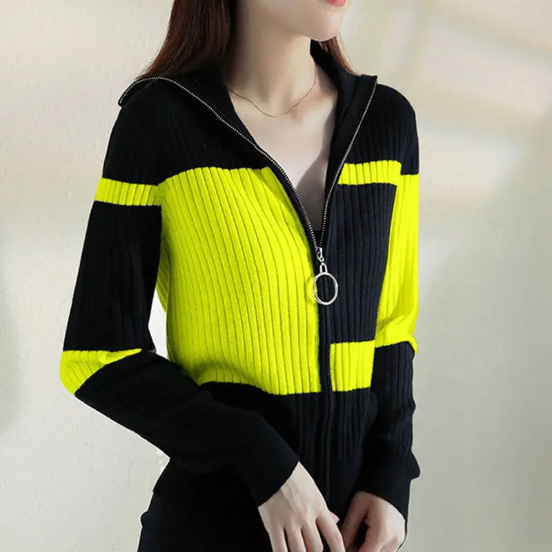 Top Trends: Fashion Knitted Jacket Female 2022 Autumn Striped Slim Caot Simple Contrast Color All-Match Zipper Cardigan Women Blousers 756 Shoppable Styles - Image 5