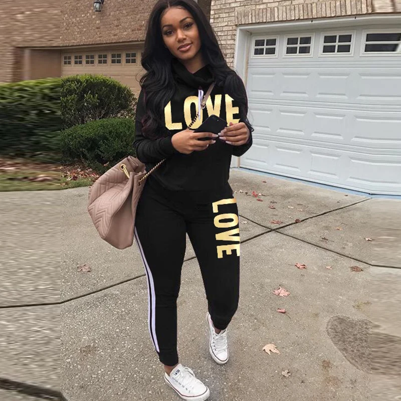 Top Trends: 2 Piece Set Women Outfit LOVE Letter Print High Neck Hoodies Sweatshirt Pants Tracksuit 2022 Large Size Streetwear Casual Suit Shoppable Styles