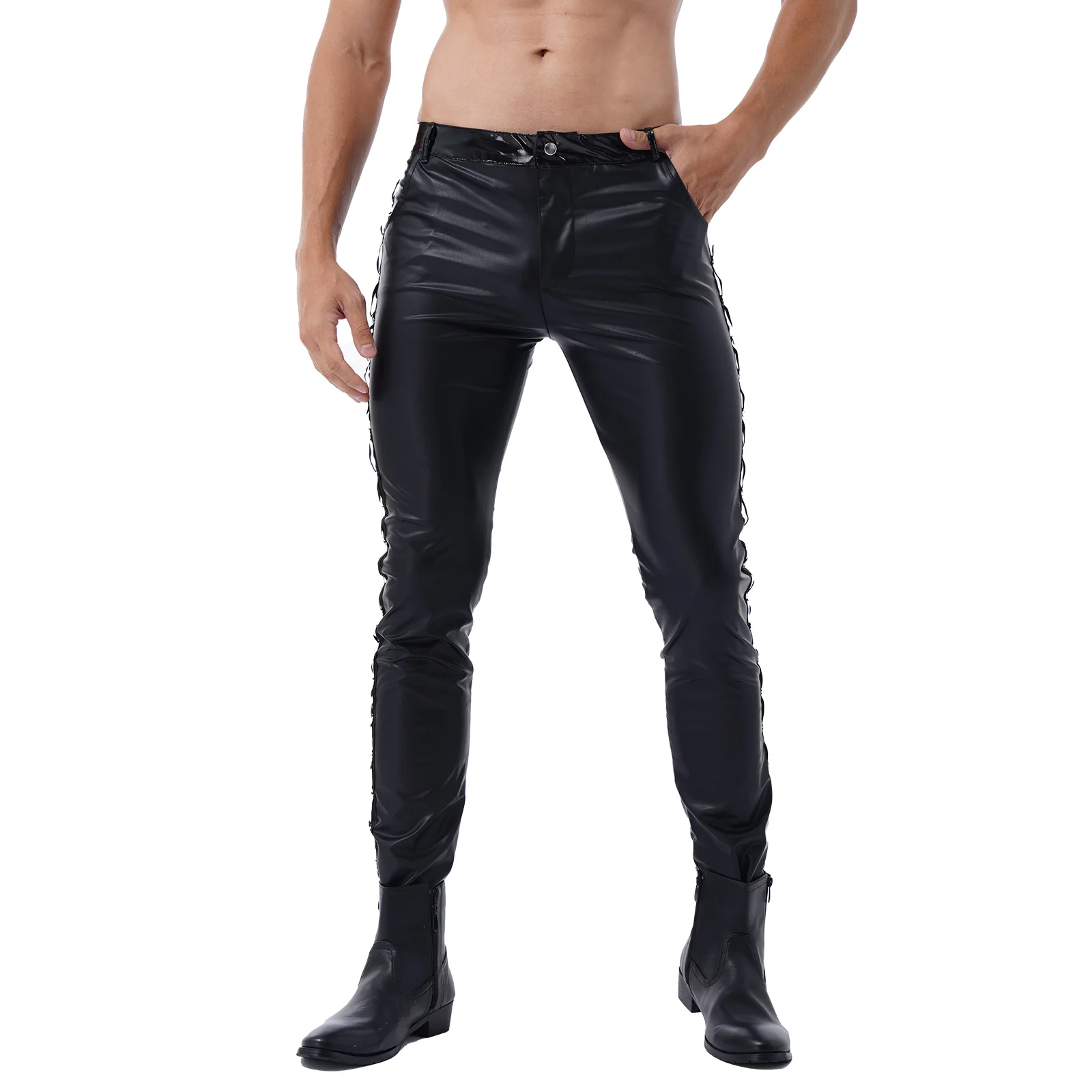 Top Trends: Men Latex Leather Pants Low Waist Faux Leather Shiny Pants Fashion Tight Trousers For Club Stage Show Rock Band Performance Shoppable Styles