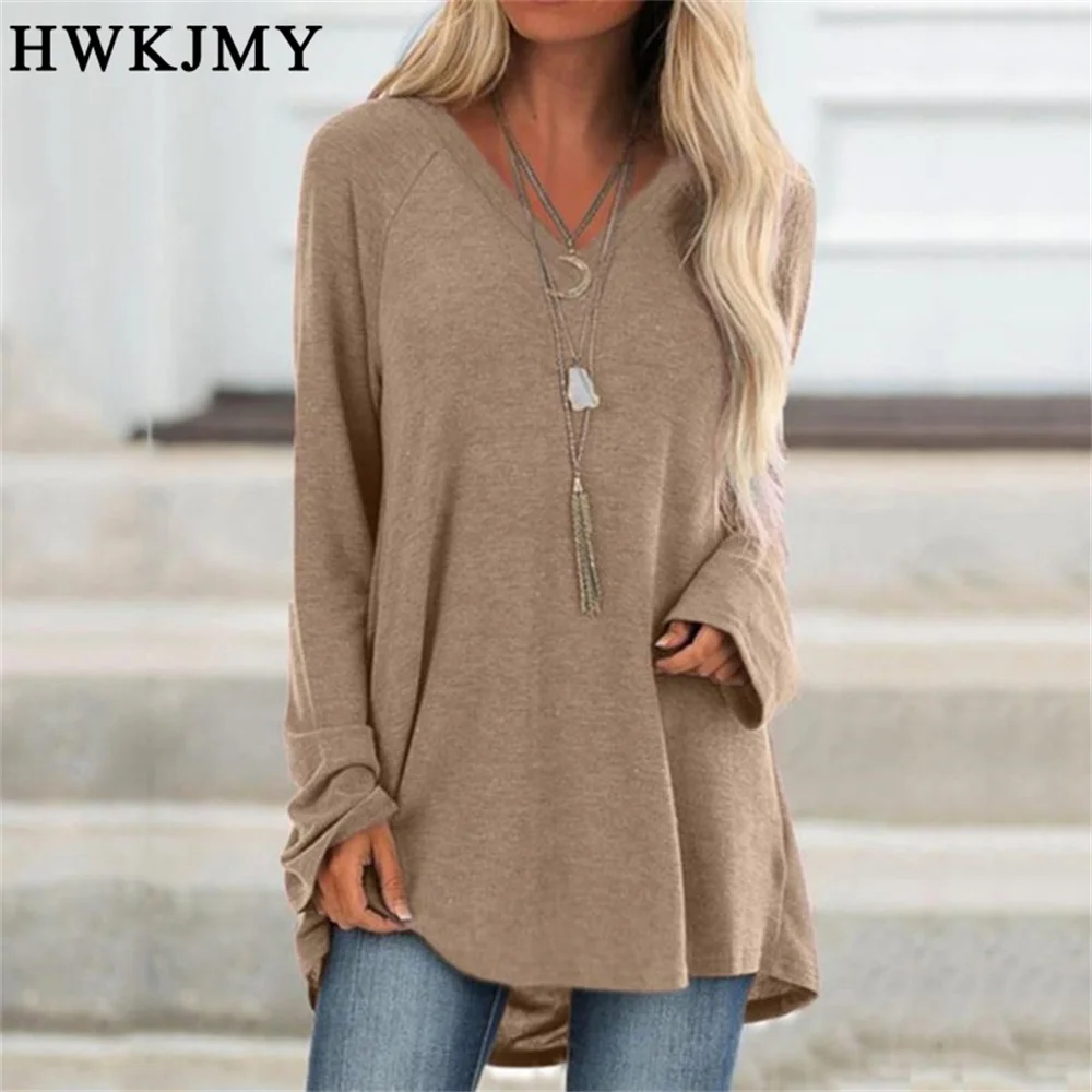 Top Trends: Women Fashion Autumn And Winter Clothes Casual Solid Color V-neck Long Sleeve Tops Ladies Loose Tunic Cotton Plus Size 8XL Shoppable Styles