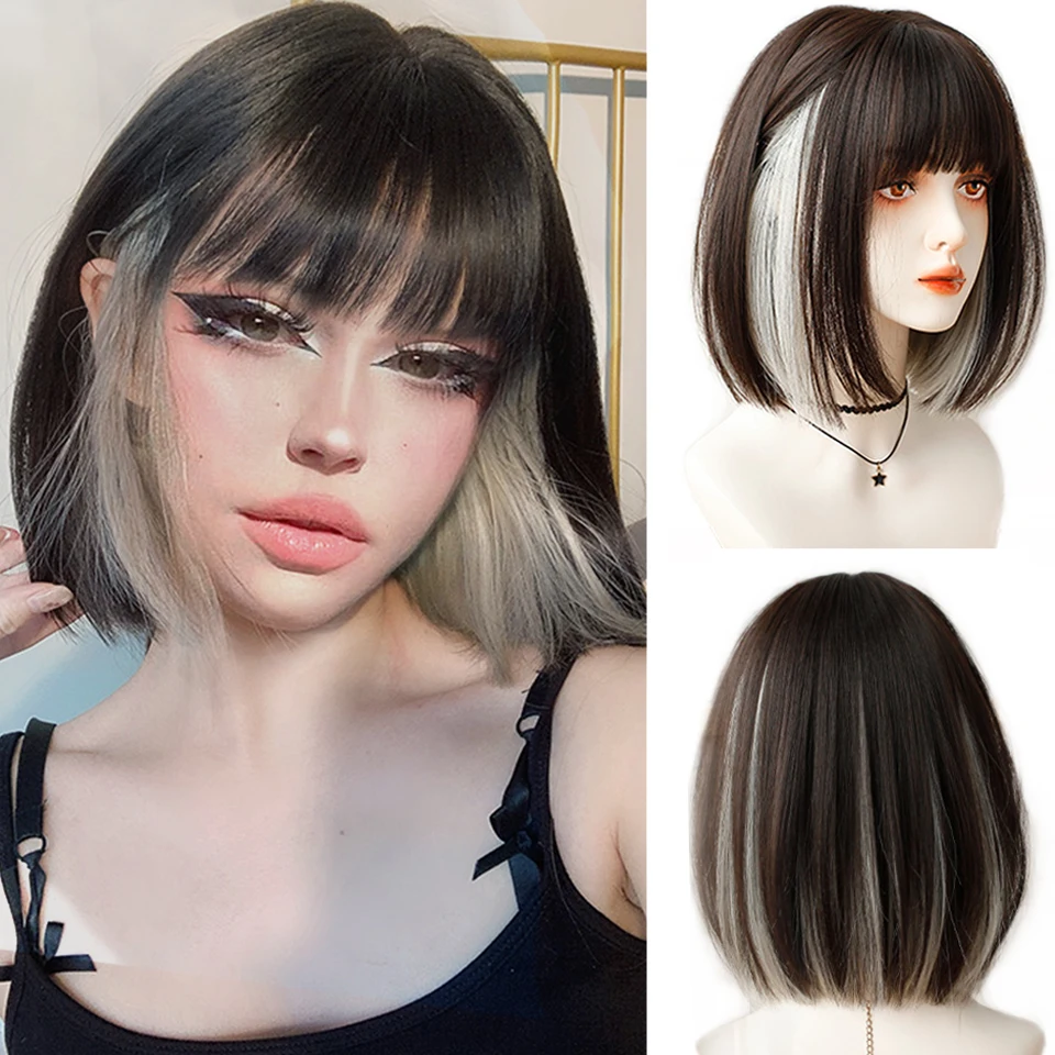 Top Trends: HOUYAN Short Straight Hair Bob Wig Bangs Brown Dyed Silver Pink Black Heat-resistant Synthetic Wig Party Shoppable Styles