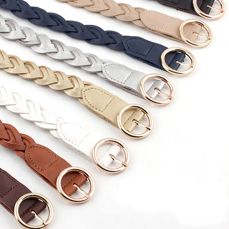 Top Trends: 110cm Women Knitted Belts Solid Color PU Leather Braided Decorative Thin Waist Belt Round Gold Pin Buckle Jeans Dress Waistband Shoppable Styles