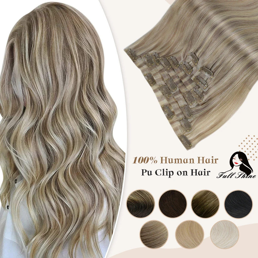 Top Trends: Full Shine PU Clip Hair Extensions Remy Human Hair 100g Seamless Invisible Clip In Extensions Human Hair Balayage Color Blonde Shoppable Styles