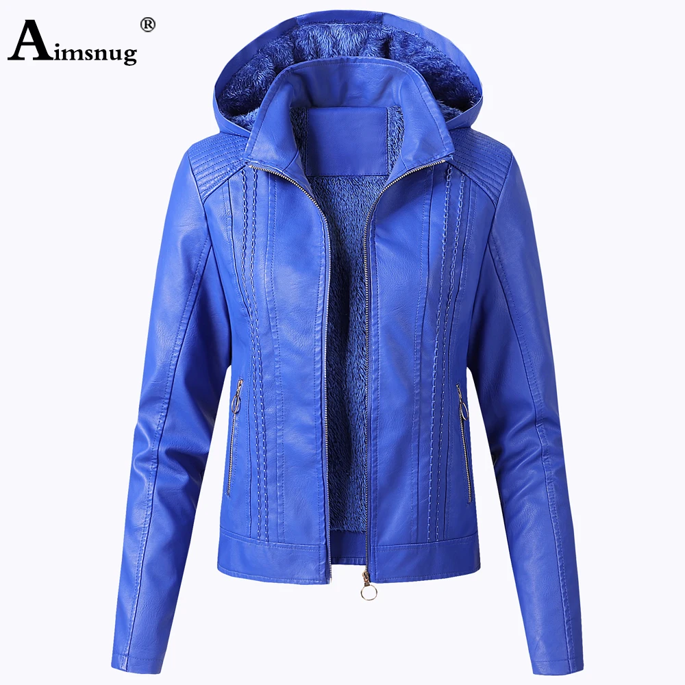 Top Trends: Women Faux Pu Leather Jackets 2021 Autumn Winter Hooded Outerwear Pockets Zipper Coat Slim Biker Jacket Blue Hoodies Plus Velvet Shoppable Styles