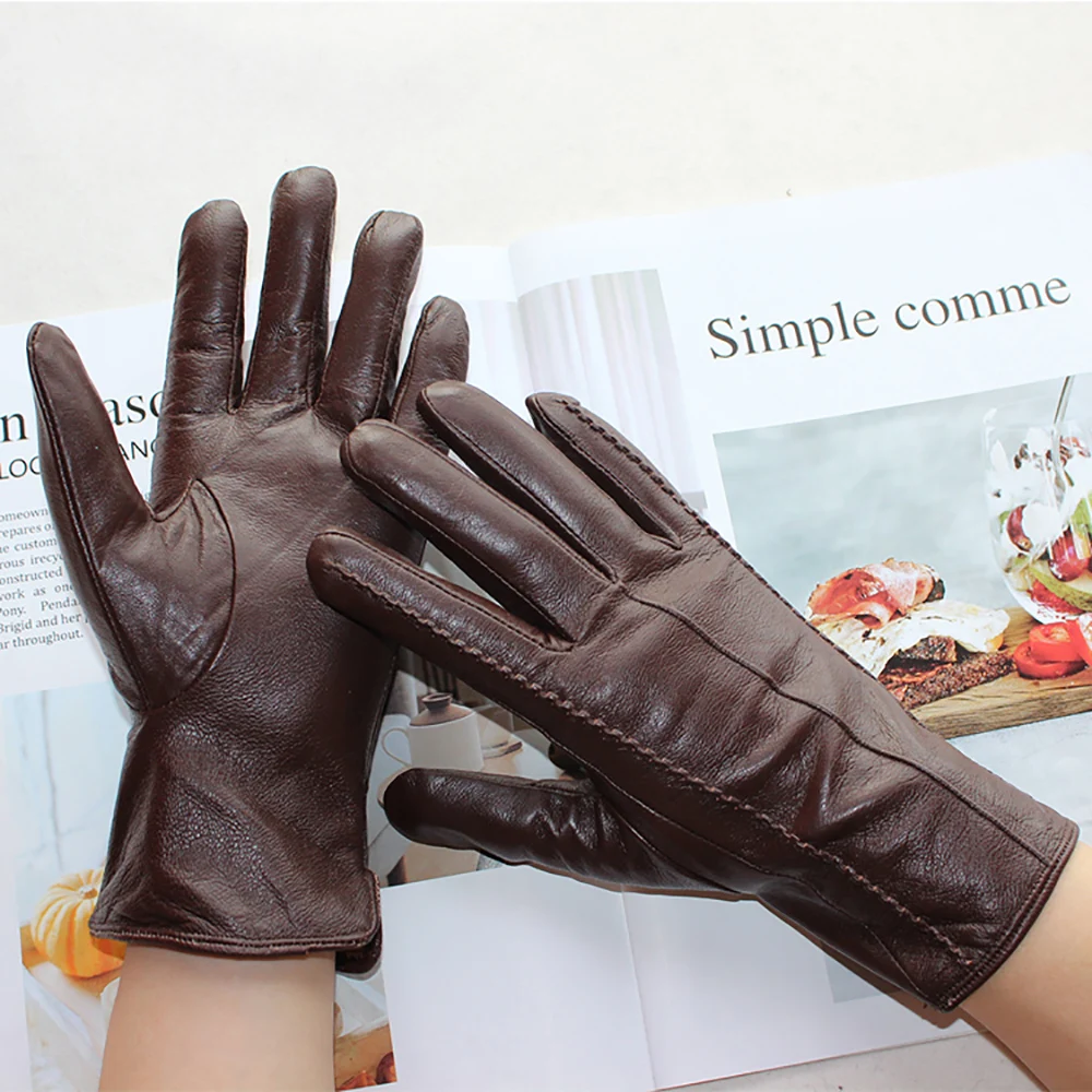 Top Trends: New Women Color Leather Gloves Striped Style Velvet Lining Autumn And Winter Warm High Quality Sheepskin Gloves Shoppable Styles - Image 5