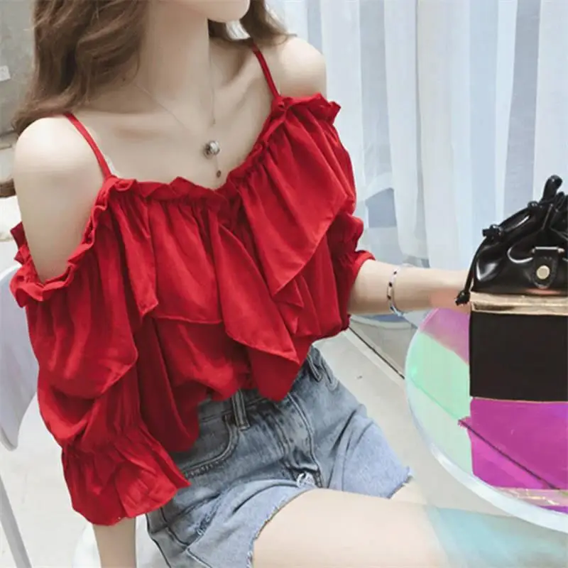 Top Trends: Ruffle Youth Elegant Blouses Tops Women Fashion Low Cut Blouse Summer Chiffon Shirt Pretty Bebeautiful Clothes Shoppable Styles - Image 6