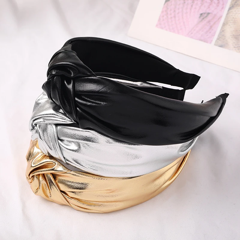 Top Trends: 2022 PU Leather Headbands Gold Silver Knotted Hairbands Glitter Headband Solid Color Leather Hair Hoop Women Hair Accessories Shoppable Styles - Image 5