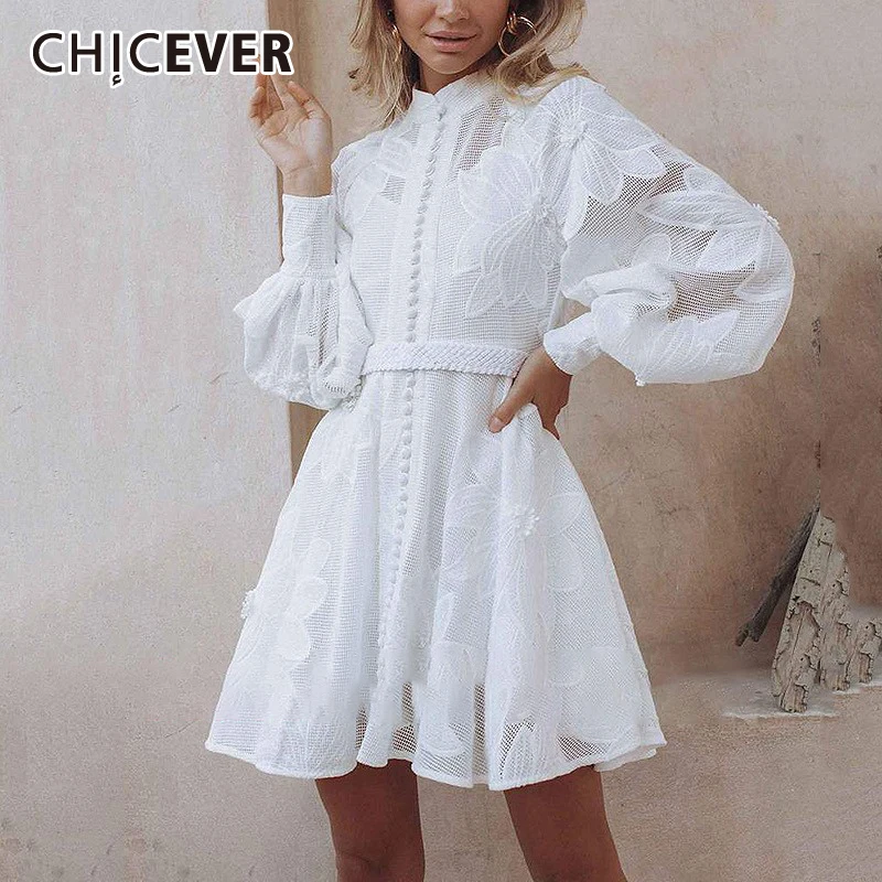 Top Trends: CHICEVER White Elegant Patchwork Embroidery Dress For Women Stand Collar Lantern Long Sleeve High Waist Dresses Female 2022 New Shoppable Styles