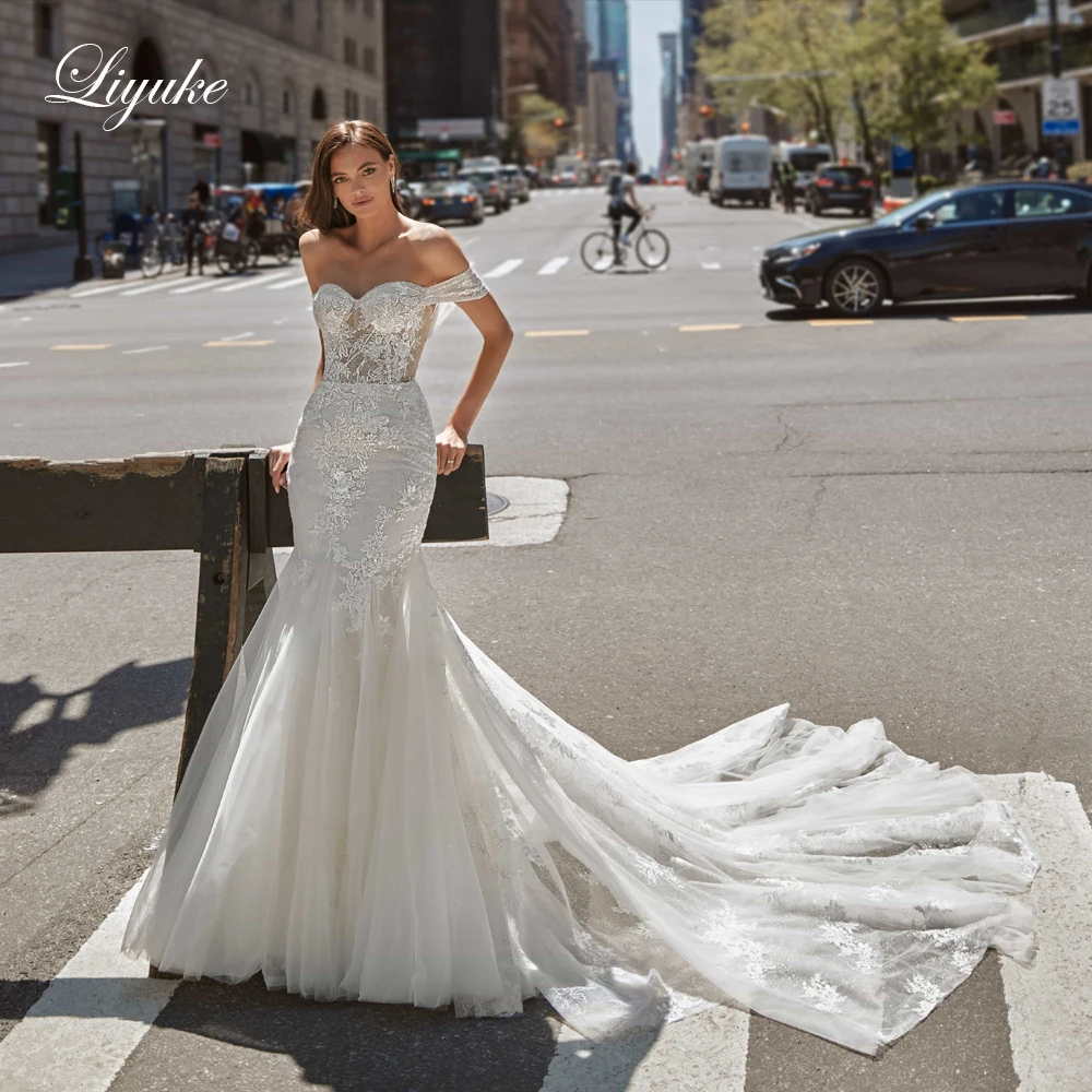 Top Trends: Liyuke Luxurious Pearls Sweetheart Neckling Off The Shoulder Mermaid Wedding Dress Of Illusion Breast Chapel Train Shoppable Styles