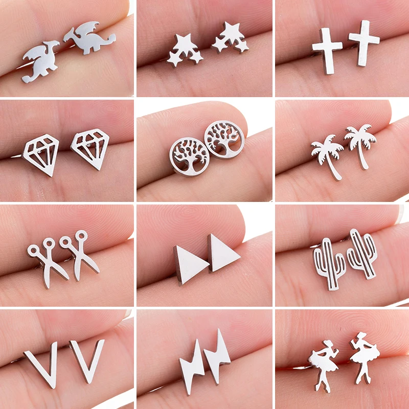 Top Trends: Mini Stainless Steel Earings Fashion Jewelry Small Animal Ear Studs Punk Cross Star Dragon Ballet Stud Earrings Pendientes Gifts Shoppable Styles