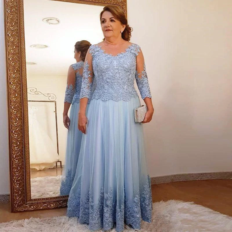 Top Trends: Plus Size Mother Of The Bride Dress For Wedding Party Light Blue Lace Tulle 3 / 4 Long Sleeve Ladies Formal Evening Prom Gowns Shoppable Styles