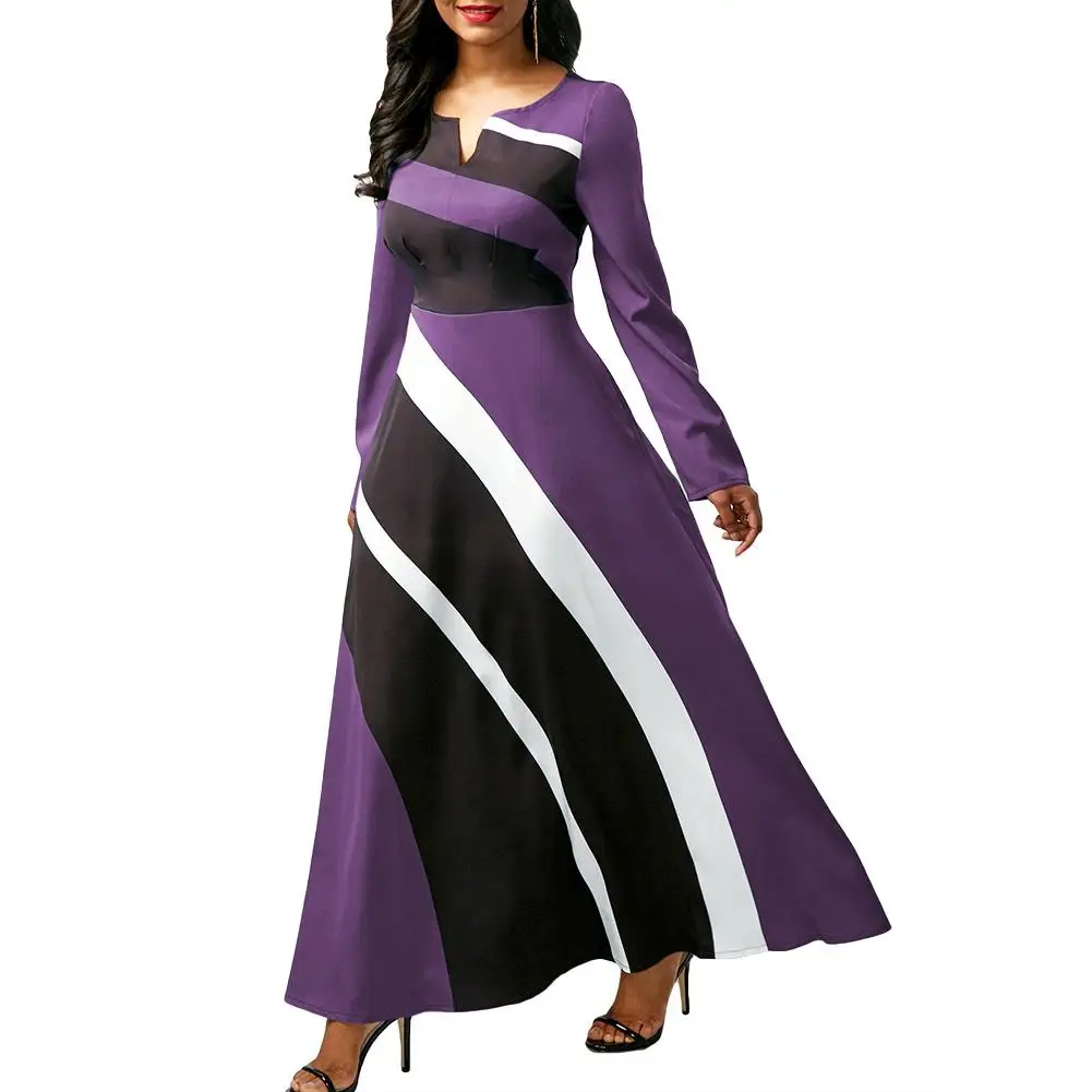 Top Trends: Plus Size 5XL Women Long Sleeve V Neck Color Block High Waist Large Swing Party Maxi Dress Shoppable Styles