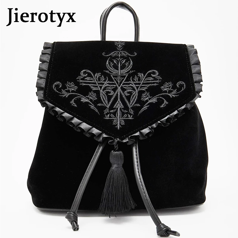 Top Trends: JIEROTYX Dark Harajuku Velvet Backpack Women Gothic Magic Embroidery Black Punk Style Ladies Backpack Travel Bags Shoulder Bag Shoppable Styles