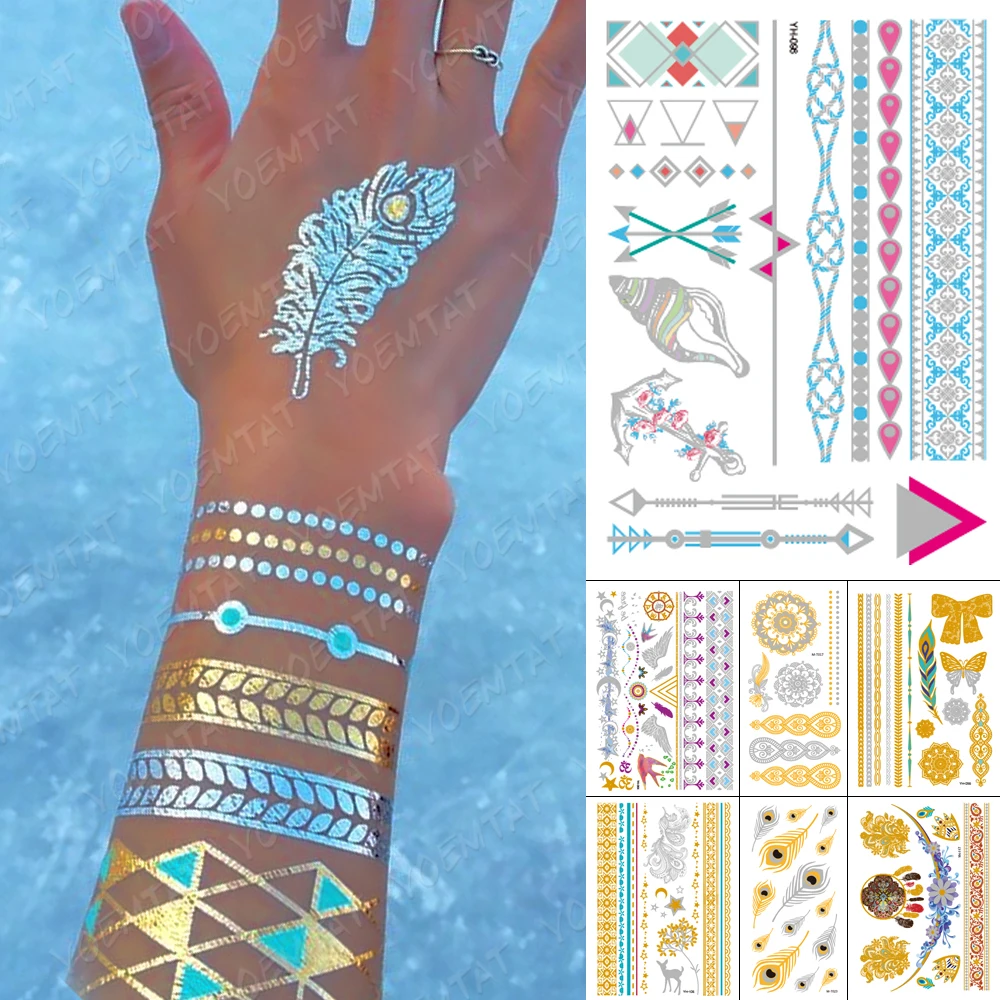 Top Trends: Waterproof Temporary Tattoo Sticker Gold Silver Henna Indian Hand Painted Glitter Tattoos Women Mandala Flower Feather Body Art Shoppable Styles