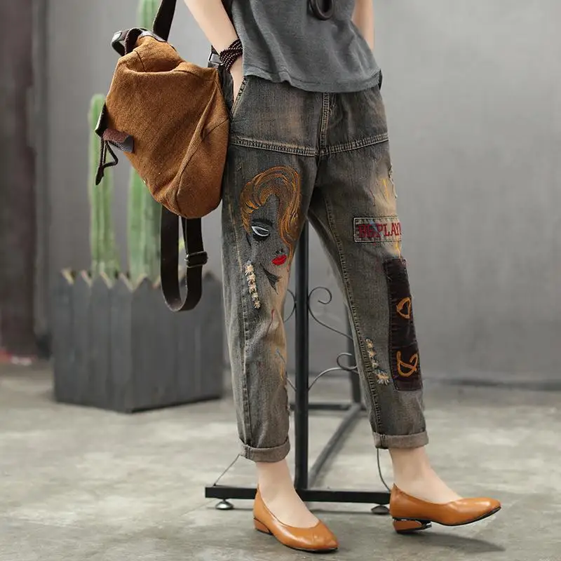 Top Trends: 2022 Autumn New Jeans Women's Elastic High Waist Embroidery Retro Distressed Loose Harlan Pants Female Denim Pants W45 Shoppable Styles