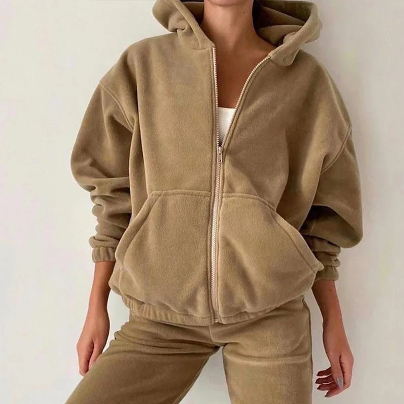 Top Trends: Casual Women Fleece Hoodie Two Piece Sets Hooded Zipper Outerwear And Harem Pant Suit Autumn Winter Fashion Streetwear Tracksuit Shoppable Styles