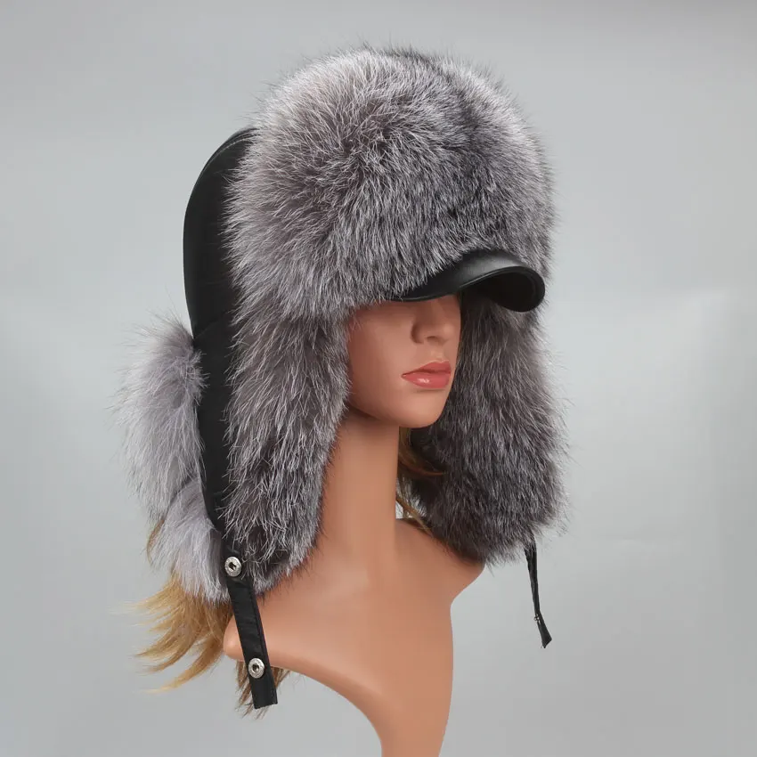 Top Trends: Genuine Silver Fox Fur Hat With Ear Flaps Real Natural Fur Caps For Russian Women Bomber Hats Trapper Cap With Real Leather Top Shoppable Styles