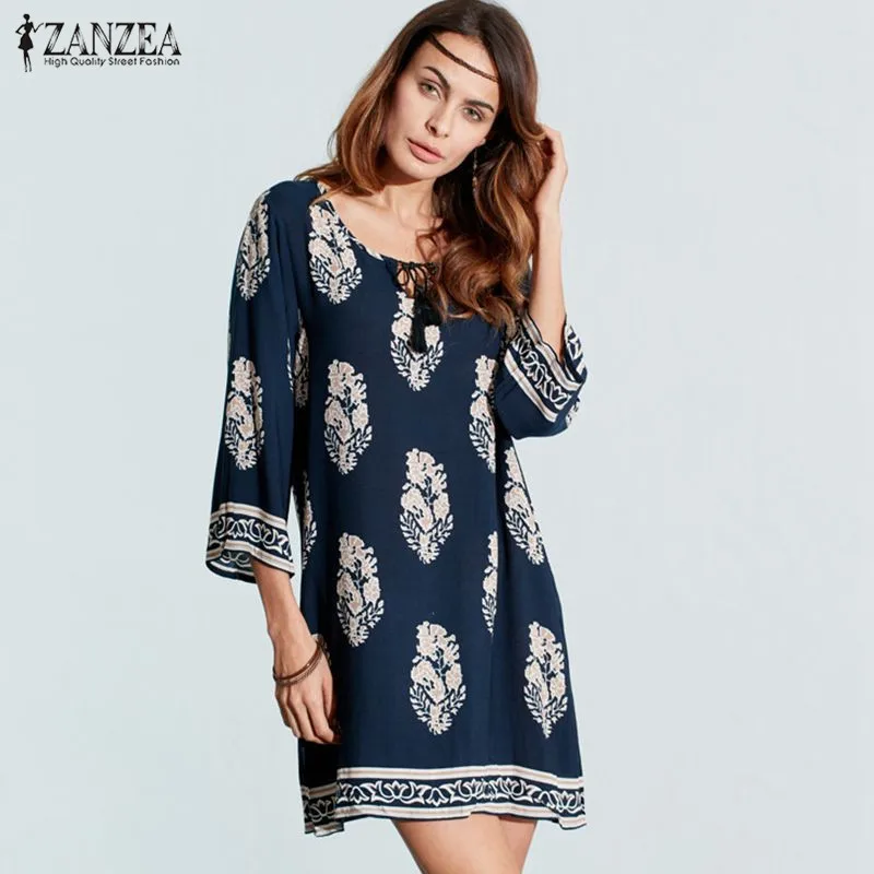 Top Trends: ZANZEA Women Sexy Mini Print Dress 2023 Elegant Retro 3 / 4 Sleeve Lace Up Long Tops Casual Loose Beach Dresses Vestidos Shoppable Styles