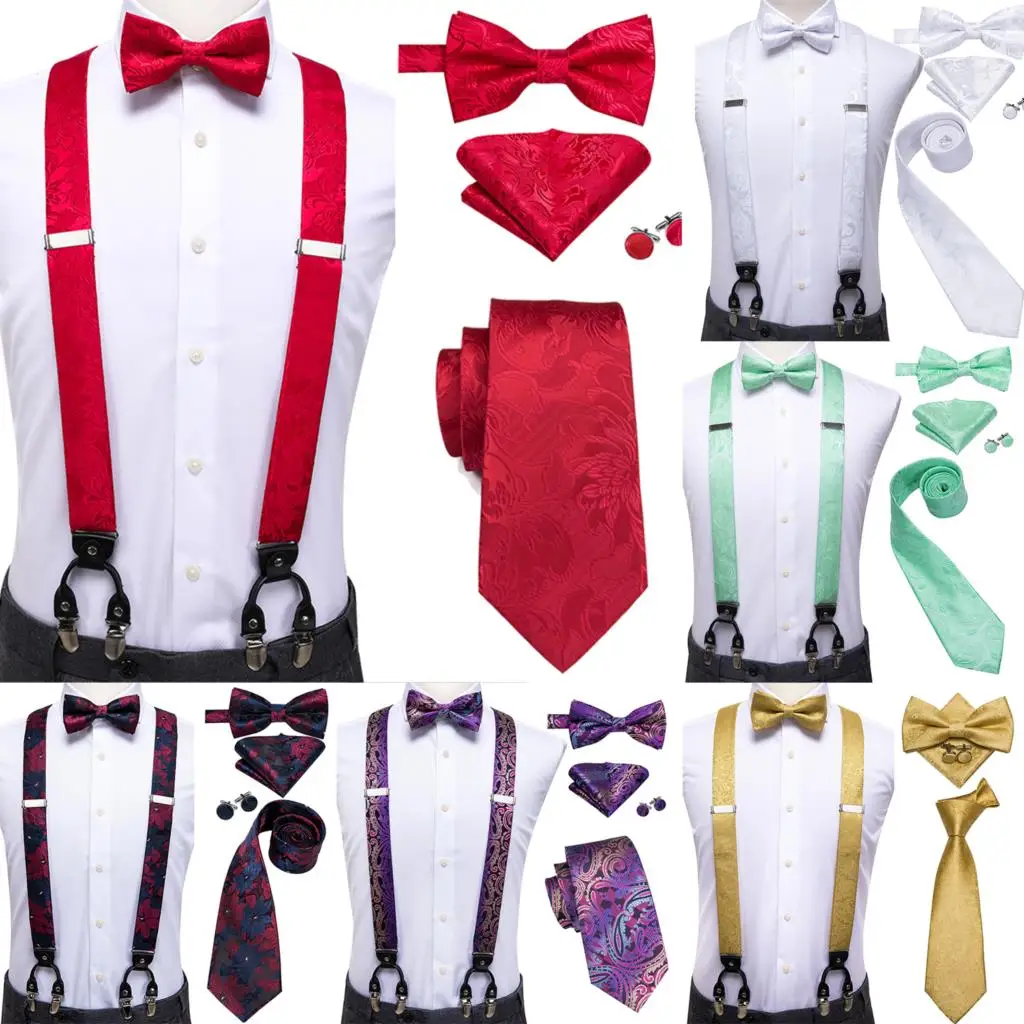 Top Trends: Silk Adult Men's Suspender Set 6 Clips Braces Vintage Gold Red Pink Green Wedding Suspenders Bowtie Necktie Hanky Cufflinks Set Shoppable Styles