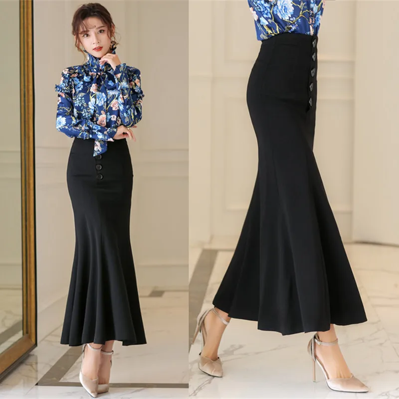 Top Trends: 2021 Single Breasted Long Maxi Skirt For Women Plus Size XS-3XL Mermaid Style Stretch Ladies Black And Blue Skirts Shoppable Styles