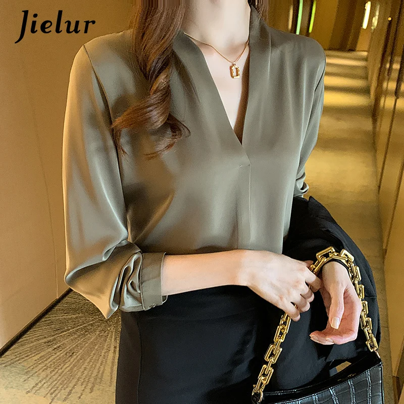 Top Trends: Jielur Solid Color White Shirts Women Office Lady White V-neck Skinny Long-sleeved Tops Autumn Khaki Loose Blouses Female S-XXL Shoppable Styles