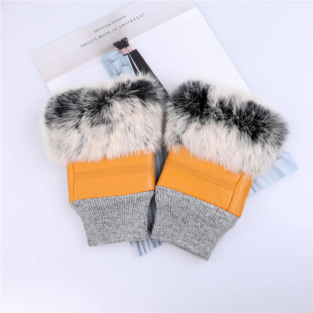 Top Trends: Women's Genuine Sheep Skin Winter Fingerless Gloves Rabbit Fur Cuffs Half Finger Typing Mittens Shoppable Styles