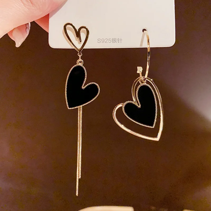 Top Trends: Korean Asymmetric Hollow Black Heart Dangle Earrings For Women Temperament Exaggerated Drop Earrings Party Jewelry Shoppable Styles