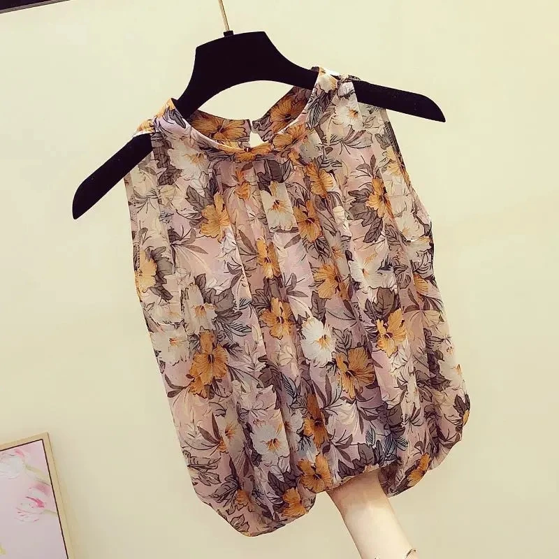 Top Trends: Casual Halter Floral Blouse Women 2023 Summer Korean Sexy Fashion Elegant Loose Sleeveless Halter Retro Chiffon Shirt Vintage Shoppable Styles