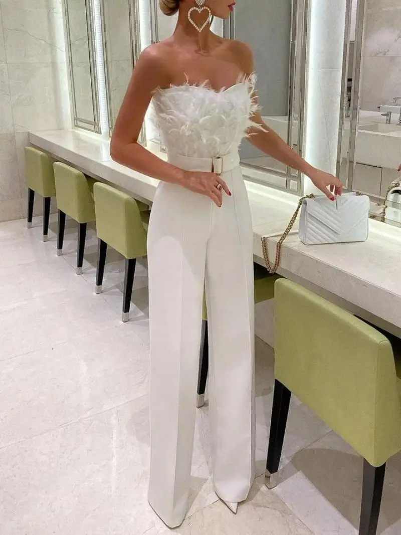 Top Trends: 2022 New White Feather Onesie Pants Club Sexy Women's Onesie, Sexy Women's Backless Onesie, Women's Onesie Evening Dress Shoppable Styles