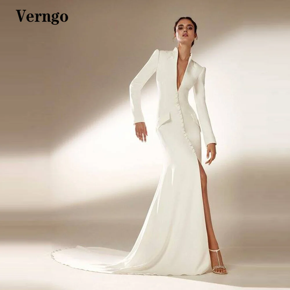 Top Trends: Verngo Modest Ivory Elastic Satin Mermaid Wedding Dress Long Sleeves High Neck Dubai Arabic Women Formal Dress Outfit Garment Shoppable Styles