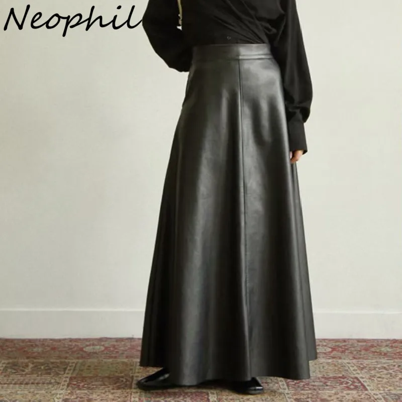 Top Trends: Neophil 80cm Pockets 2024 Winter Women Pu Faux Leather Skirts High Waist Elastic Latex Female Chic Flare Flare Long Skirt S21847 Shoppable Styles