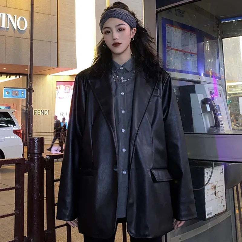 Top Trends: Korean Black Leather Moto Jacket Vintage Warm Female Loose Leather Suit Blazers Streetwear Fashion Women's Winter Coat 2021 New Shoppable Styles