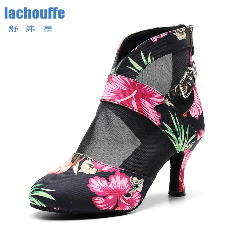 Top Trends: Woman Flower Print Latin Ballroom Dance Boots Woman Black High Salsa Bachata Dancing Shoes For Ladies High Heel Booties Shoppable Styles