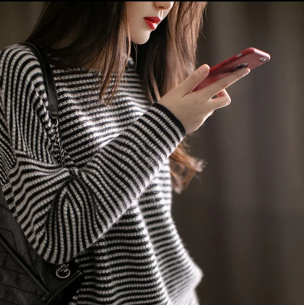 Top Trends: Women Cashmere Sweater Long Sleeves Black And White Stripes O-neck Female Casual Solid Fashion Pullover Ladies Winter Sweaters Shoppable Styles