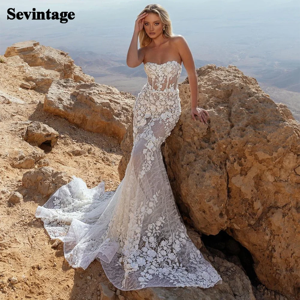 Top Trends: Sevintage Mermaid Wedding Dresses Lace Appliques 3D Flowers Beading Crystal Boho Bride Gowns Sleeveless Backless Wedding Dress Shoppable Styles