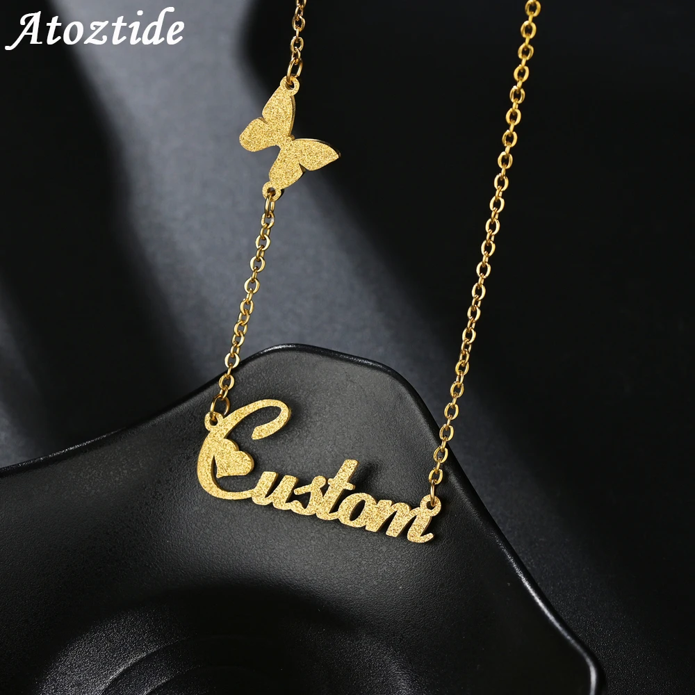 Top Trends: Atoztide New Customized Stainless Steel Frosted Name Necklace Personalized Letter Summer Butterfly Choker Pendant Nameplate Gift Shoppable Styles