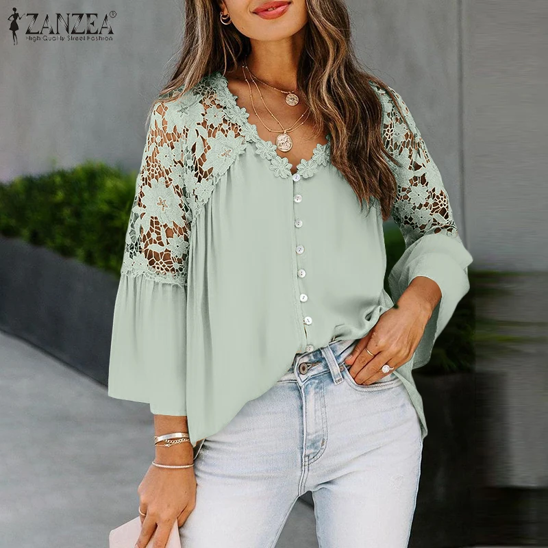 Top Trends: ZANZEA 2023 Fashion Flare Sleeve Tops Women Lace Stiching Blouses Casual Spring Blusas Female V-Neck Blusas Oversized Chemise Shoppable Styles