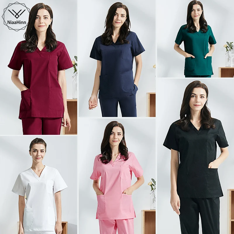 Top Trends: Hospital Operating Room Black Blue Nurse Scrubs Set Beauty Salon Work Uniform Medical Surgical Tops Pants Pet Doctor Workwear Shoppable Styles