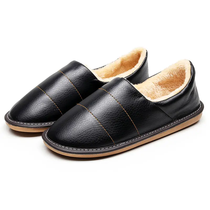 Top Trends: Fashion Leather Slippers Winter Plush House Men Shoes 2021 News Classic Couples Black Waterproof Slippers Male Furry Slides Shoppable Styles - Image 6