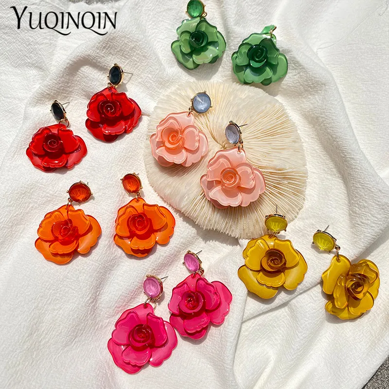 Top Trends: Vintage Elegant Korean Acrylic Rose Flower Drop Earrings For Women Acetate Resin Long Earings For Girls Fashion Jewelry Brincos Shoppable Styles