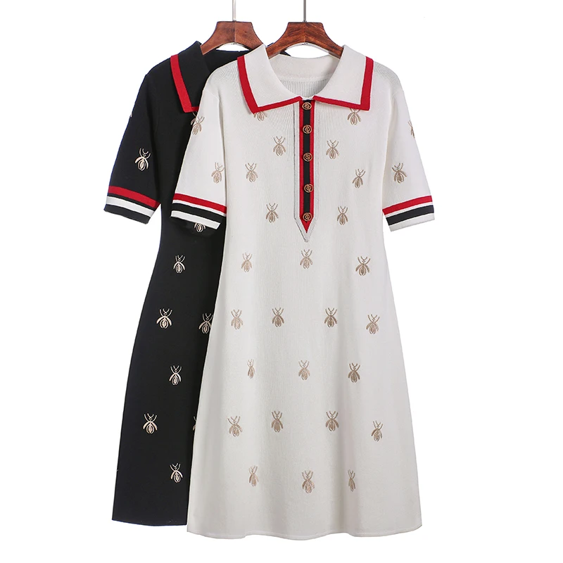 Top Trends: 2023 Spring Summer Knit Cartoon Embroidered Polo Dress Woman Plus Size Black Casual Knee-length Straight Dresses Female Shoppable Styles