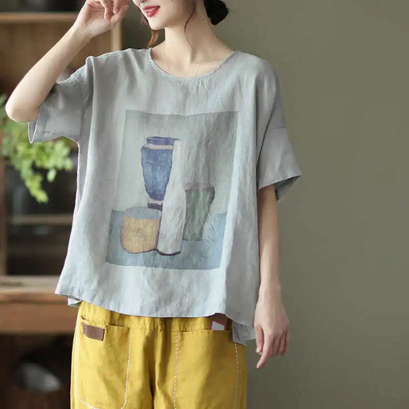 Top Trends: Vintage Clothes Cotton Linen Shirt Women Elegant Blouse Short Sleeve Summer Ladies Tops Loose Casual Shoppable Styles