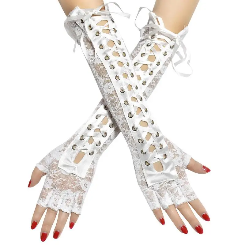 Top Trends: Lace Gloves Sexy Lace Long Gloves Winter Elbow Length Half-Finger Gloves Ribbon Fingerless Fishnet Mesh Ceremonial Party Gloves Shoppable Styles - Image 2