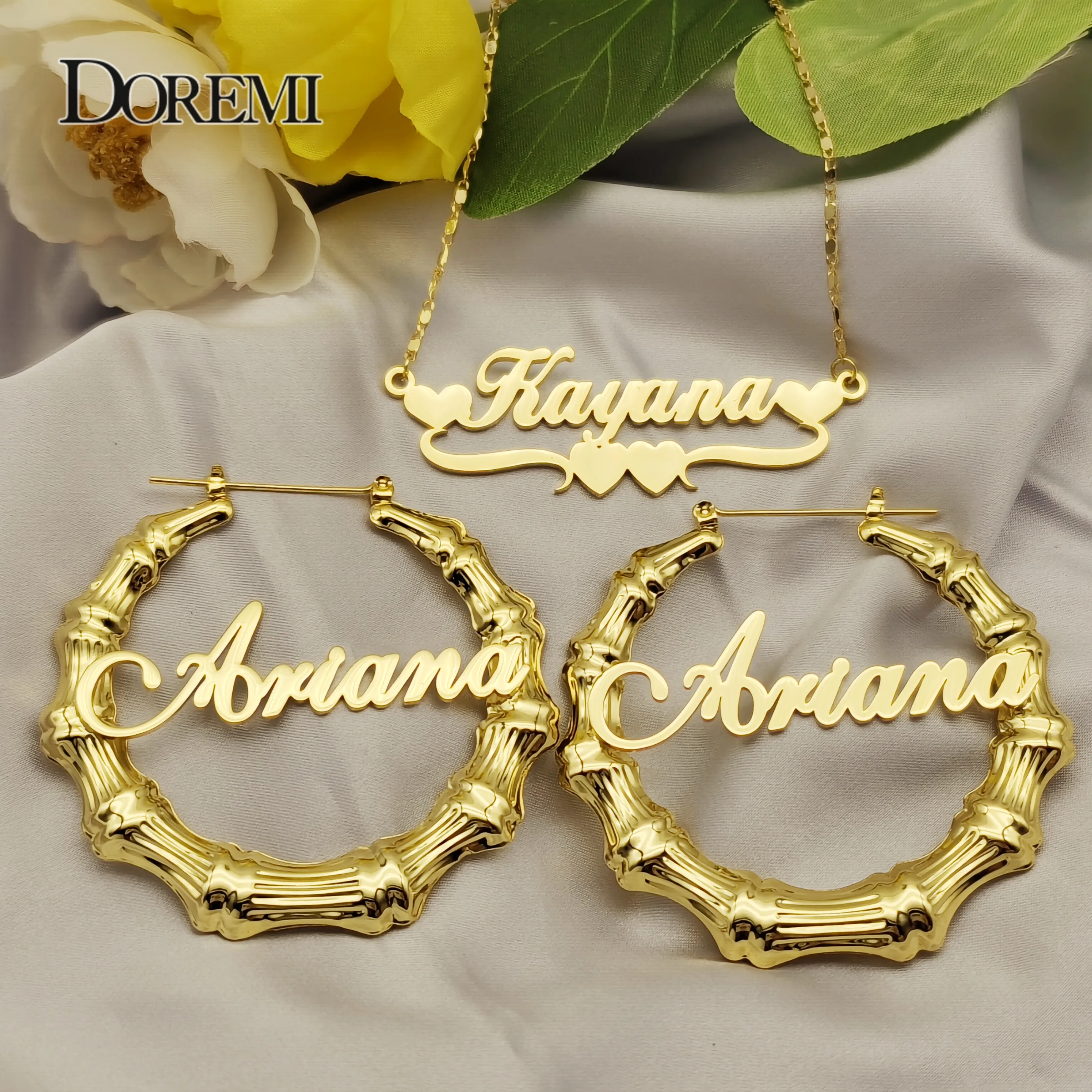 Top Trends: DOREMI One Name Earrings And Necklace Set Tile Chain Round Bamboo Earrings Custom Bamboo Letter Personalised Name Earrings Gift Shoppable Styles