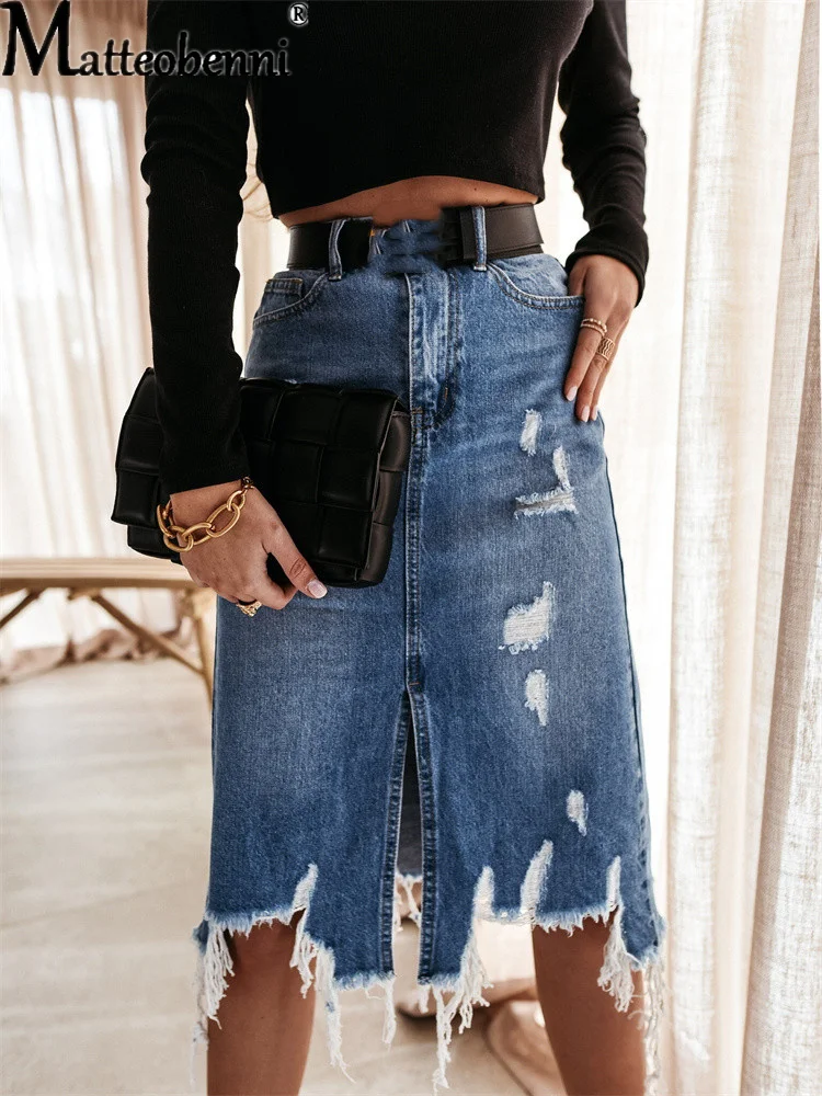 Top Trends: 2021 Summer Sexy Asymmetric Denim Skirt Women High Waist Slit Ripped Beggar Midi Skirts Casual Slim Worn Tassel Blue Jeans Skirt Shoppable Styles