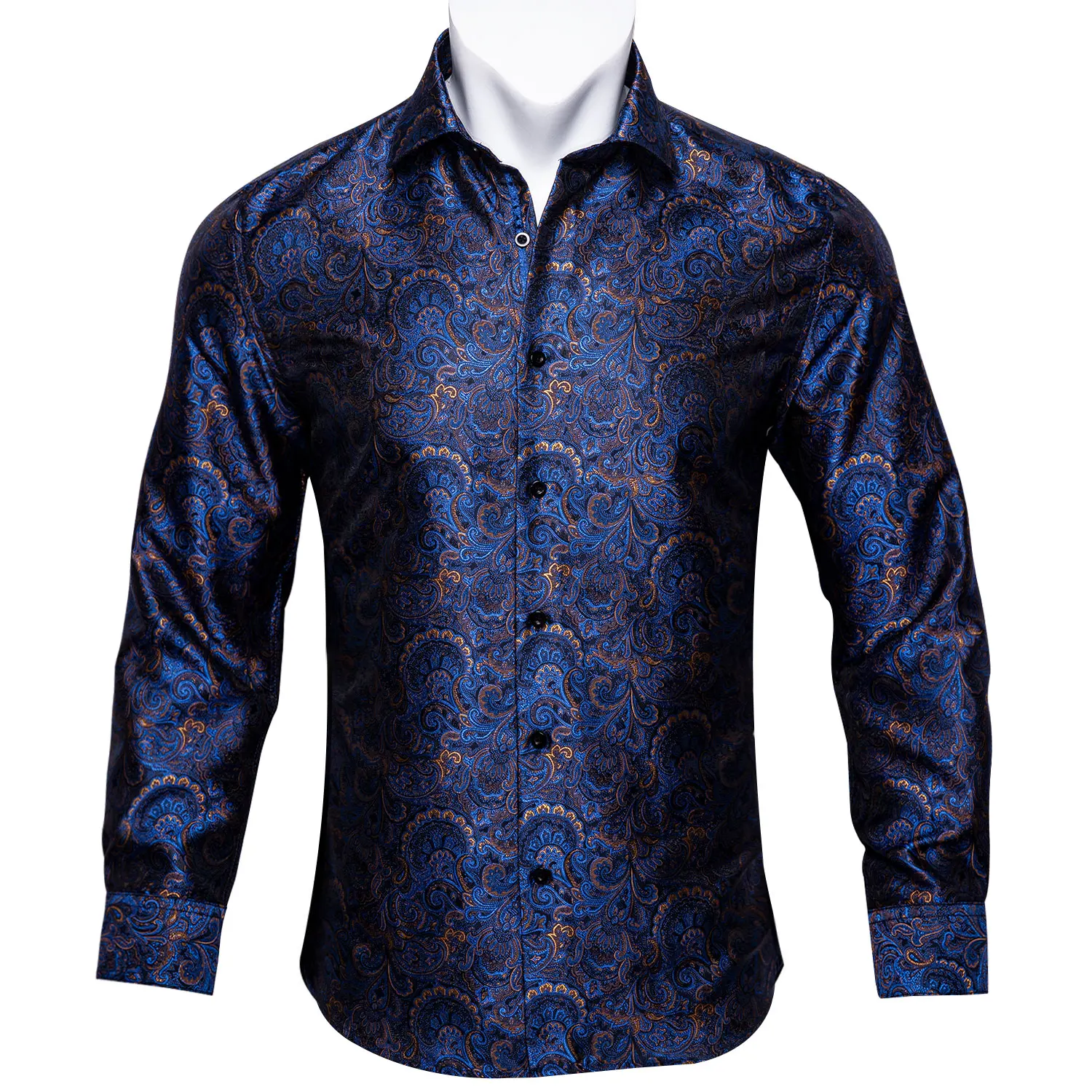 Top Trends: Barry.Wang Blue Gold Paisley Bright Silk Shirts Men Long Sleeve Casual Flower Shirts For Men Designer Fit Dress Shirts BCY-07 Shoppable Styles