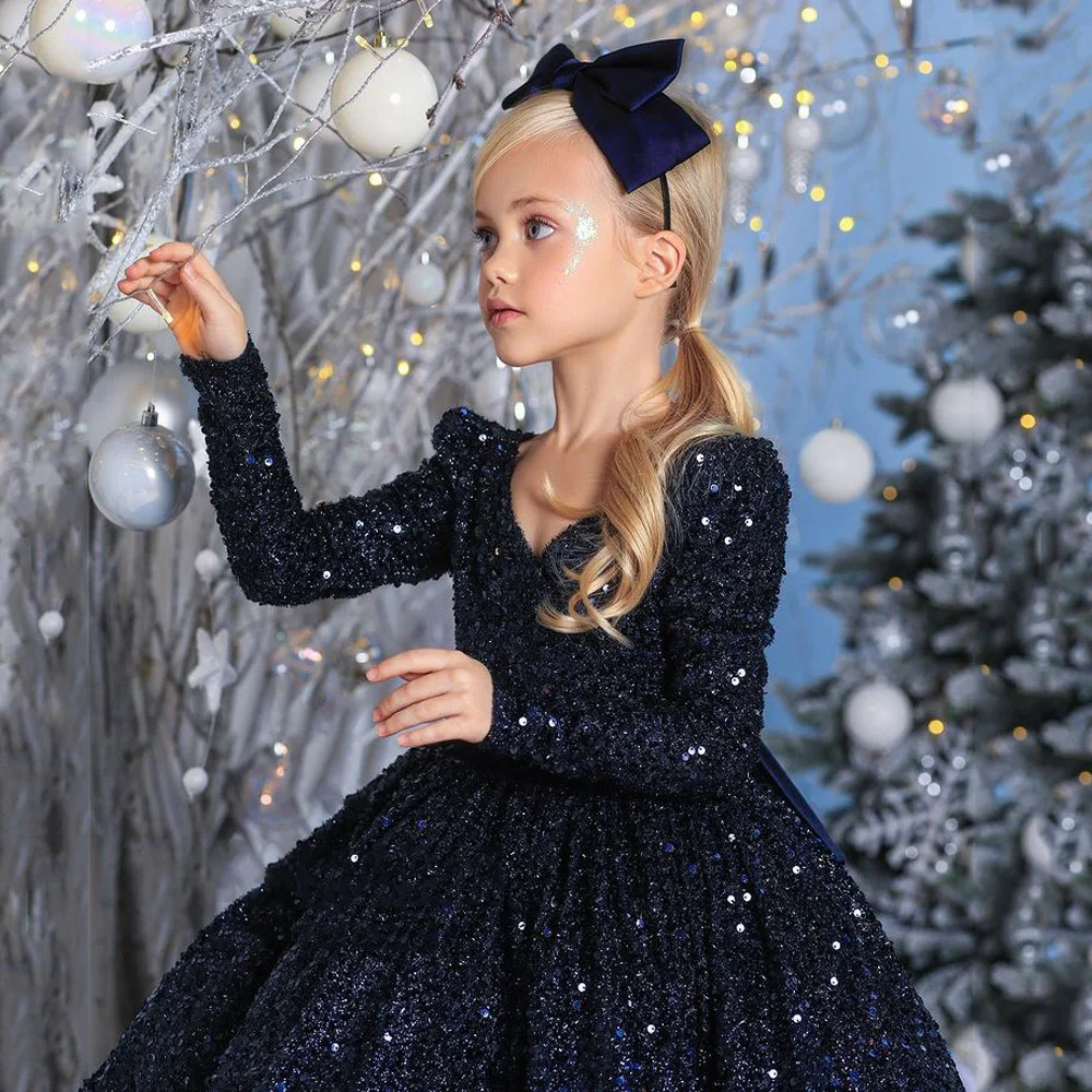 Top Trends: Navy Blue Flower Girl Dress Glitter Sequin Pageant Party Gown For Litter Girls Long Sleeves Backless A Line Christmas Dresses Shoppable Styles